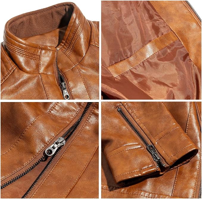 WULFUL Chaqueta de cuero con cuello alto para hombre