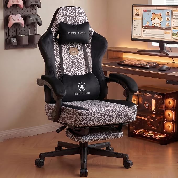 GTPLAYER Silla de juegos con estampado de leopardo, bonita silla de oficina ergonómica de tela de terciopelo con reposapiés, reposacabezas y soporte lumbar, silla de video gamer grande y alta cómoda