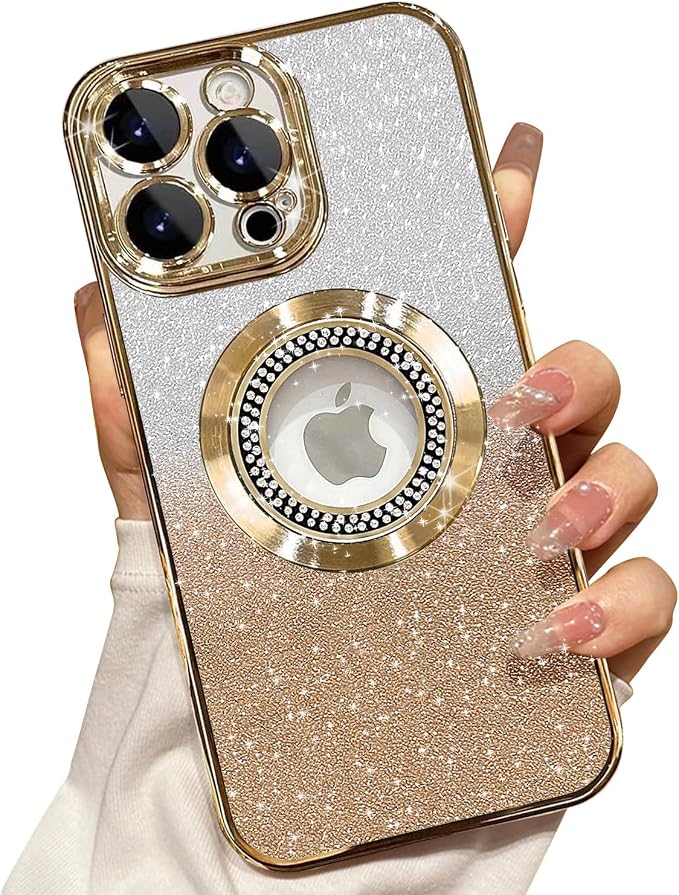 Misscase - Funda magnética protectora con purpurina para iPhone 16 Pro, compatible con MagSafe, delgada, a prueba de polvo, impactos y arañazos, con protector de lente de cámara, para mujer, dorado
