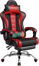 Yaheetech - Silla de juegos con reposapiés, almohada lumbar de masaje negro y rojo