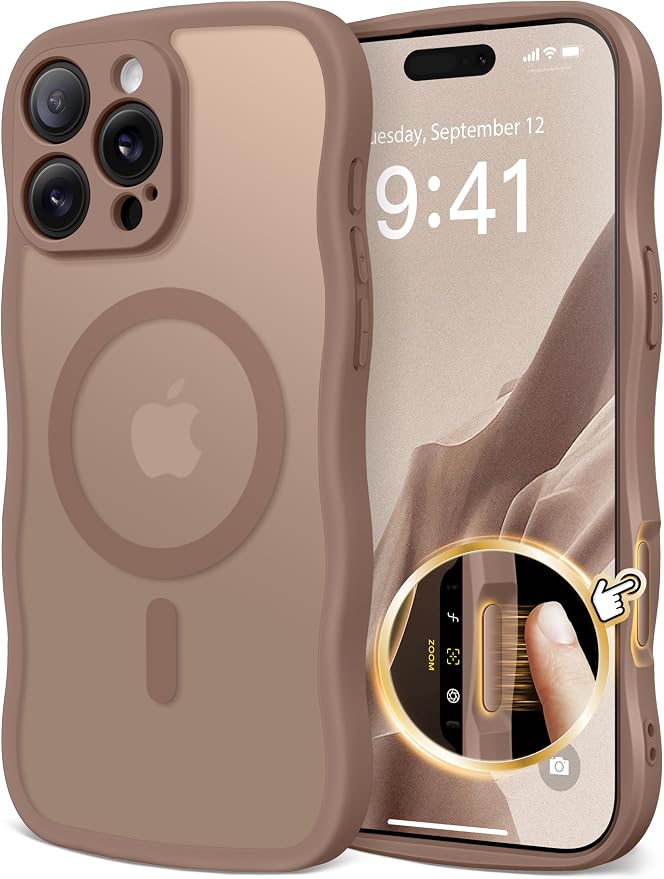 CAPRARO - Funda para iPhone 16 Pro, translúcida mate con diseño ondulado para mujeres y niñas, mejorada con protección total de la cámara, compatible con MagSafe para iPhone 16 Pro, marrón