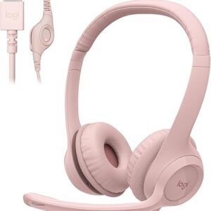Auriculares con cable Logitech H390 para PC/portátil, auriculares estéreo con micrófono con cancelación de ruido, USB-A, controles en el cable, compatibles con Chromebook - Rosa