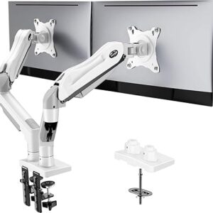 Soporte para dos monitores HUANUO: soporte giratorio VESA totalmente ajustable para escritorio con abrazadera en C y base de montaje con ojal, para pantallas de ordenador de 13 a 32 pulgadas; cada brazo soporta de 2 a 9 kg; color blanco