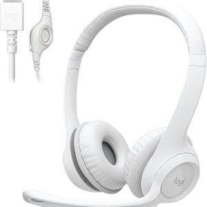 Auriculares con cable Logitech H390 para PC/portátil, auriculares estéreo con micrófono con cancelación de ruido, USB-A, controles en el cable, compatibles con Chromebook - Blanco roto