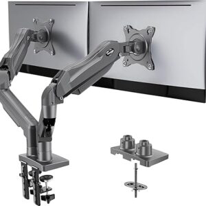 Soporte para dos monitores HUANUO, soporte de escritorio totalmente ajustable para pantallas de ordenador de 13 a 32 pulgadas, totalmente articulado, compatible con VESA 75x75/100x100, con abrazadera en C y base con ojal; cada brazo soporta de 2 a 9 kg - Gris