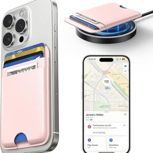 Cartera MagSafe con función «Buscar mi iPhone» completa, delgada, con protección RFID, de cuero vegano, portátil, con doble bolsillo y capacidad para 5 tarjetas; imán potente; compatible con la serie iPhone 12–16 (no compatible con los modelos 13 ni 12 Mini) (rosa)