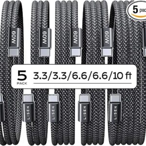 Cables LISEN USB-C a USB-C, paquete de 5 [1 m/1 m/2 m/2 m/3 m] para el iPhone 17; cable de 60 W USB-C a USB-C con carga rápida para iPad, iPhone 16, 15 y Pro Max; cable USB-C a USB-C para Galaxy S25/S24; regalos para hombres