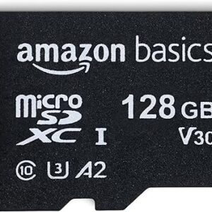 Tarjeta de memoria micro SDXC Amazon Basics con adaptador de tamaño completo, A2, U3, clase 10, velocidad de lectura de hasta 100 MB/s, 128 GB, negro